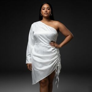 Simplee Plus White One-Shoulder Animal Print Dress 1x